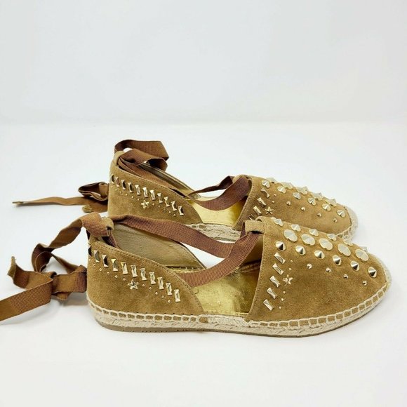 Jimmy Choo Brown Suede Gold Studded Lace Up Flats Espadrille - Picture 5 of 9